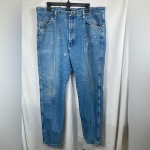 VTG Wrangler Dad Jean Medium Wash Thrashed Repaired Worn Relaxed Straight 38x30